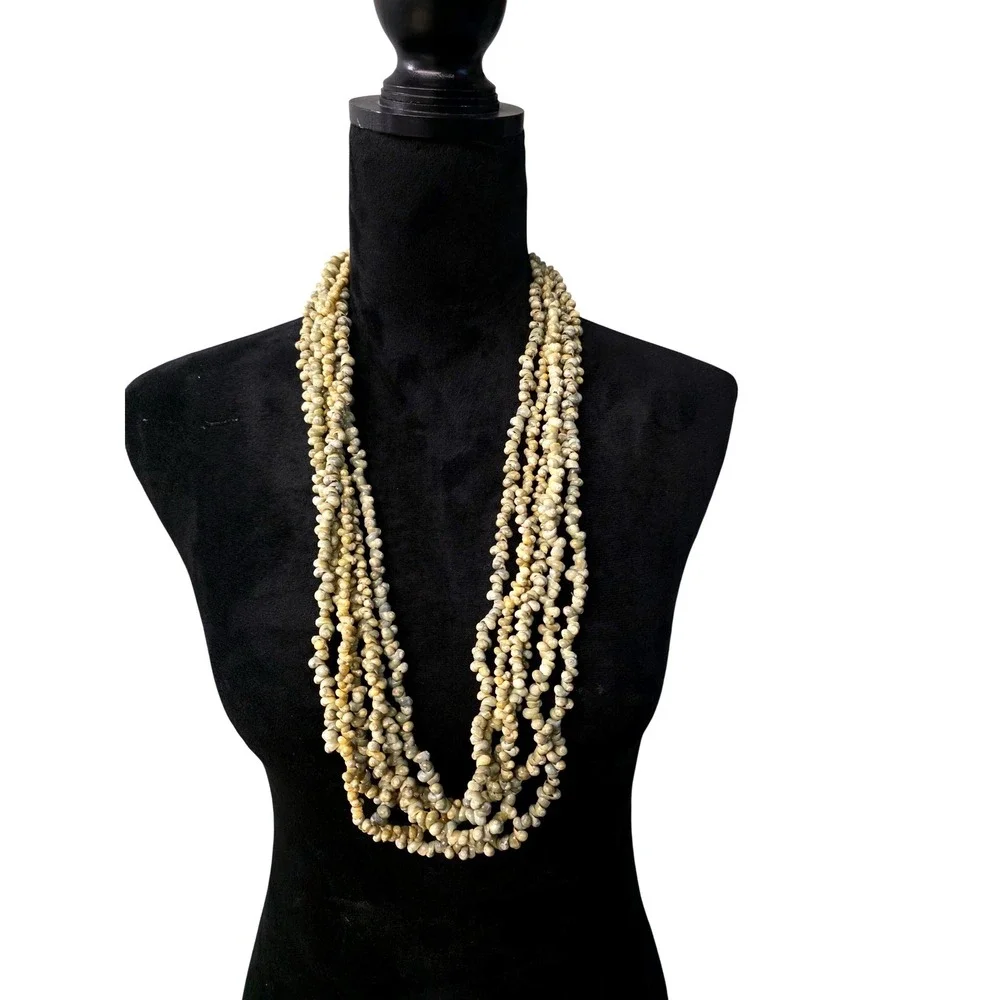 Multi Strand 6 Mini Mongo Shell Necklace Black Seed Bead Accent Olive Green
